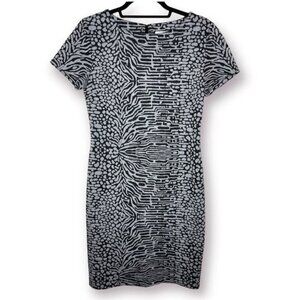 Calvin Klein Size 6 Gray Black Mixed Print Cap Short Sleeve Career Stretch Dress